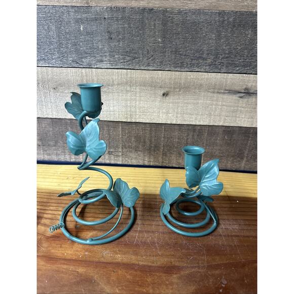 Vtg Home Interiors Toleware 2 Grapevine Green Metal Candleholders - Picture 1 of 7